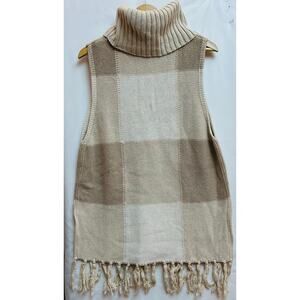 Adam Lippes Cowl Neck Fringe Sweater in Oatmeal Plaid Size Small Cotton knit